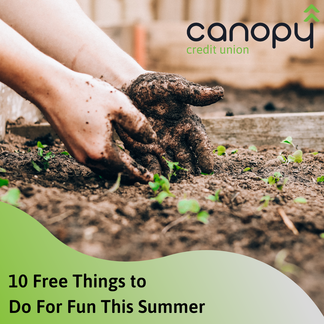 A picture of dirty hands planting in a garden with text that reads: Canopy Credit Union, ten free things to do this summer