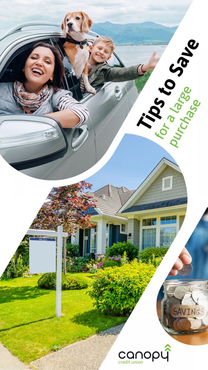 Image depicts a family in a car, a home for sale, and someone placing coins in a jar. Text overlay is "Tips to Save for a large purchase"