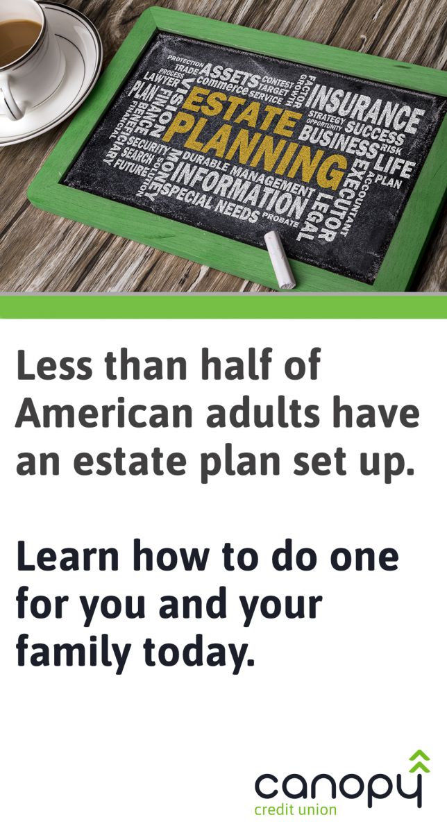 image of estate planning related words on a chalk board with the text underneath it, "Less than half of American Adults have an estate plan set up. Learn How to do one for you and your family today."